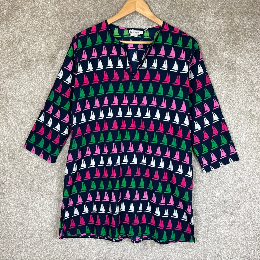 Lexi York Tunic Womens Small Blue Cotton Sailboat 3/4 Sleeve Pullover- 9879*